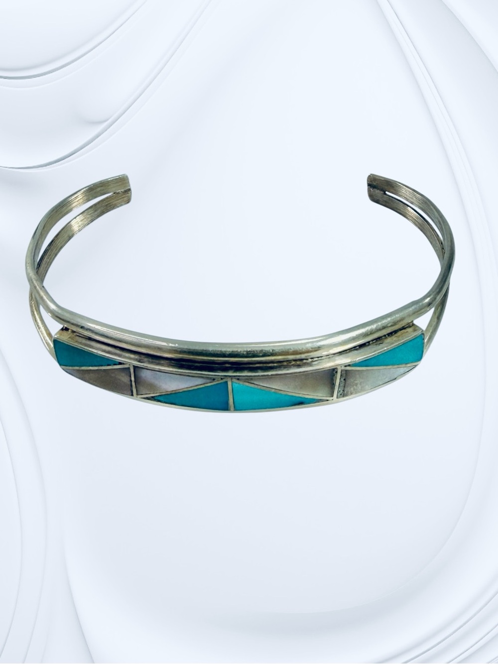 Vintage C-R Zunie Sterling Silver Mother Of Pearl Turquoise Inlay Cuff Bracelet